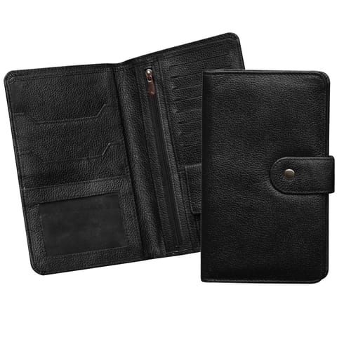 ABYS Genuine Leather Black Unisex Card Stock||Passport Holder||Cheque Book Holder||Travel Wallet with Button Closure