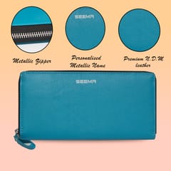 ABYS Personalised Teal Premium N.D.M Leather RFID Protected Wallet For Women, Women Clutch