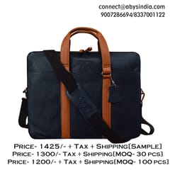 Genuine Leather 14 Inch Blue & Tan Laptop Bag