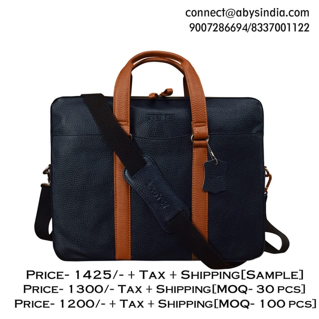 Genuine Leather 14 Inch Blue & Tan Laptop Bag