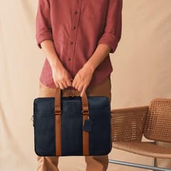 Genuine Leather 14 Inch Blue & Tan Laptop Bag